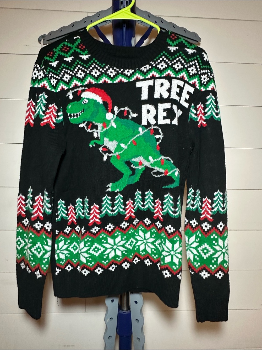 #114 Men's Black 'Tree Rex' Holiday Knit Sweater - Green/Red Accents